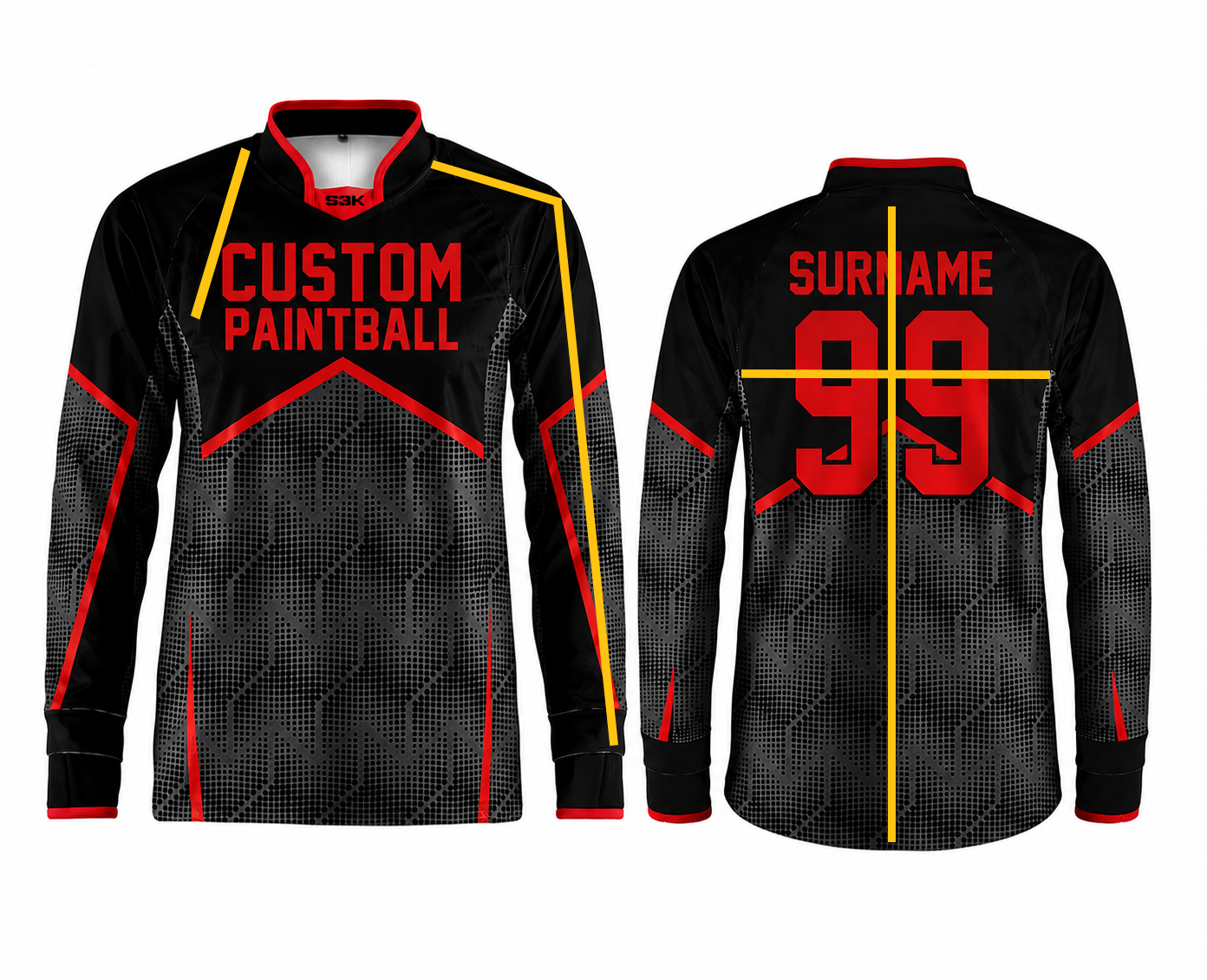 S3K Jersey Größentabelle: Brustlänge, Armlänge, Jerseylänge und Rückenbreite am Custom Jersey richtig messen